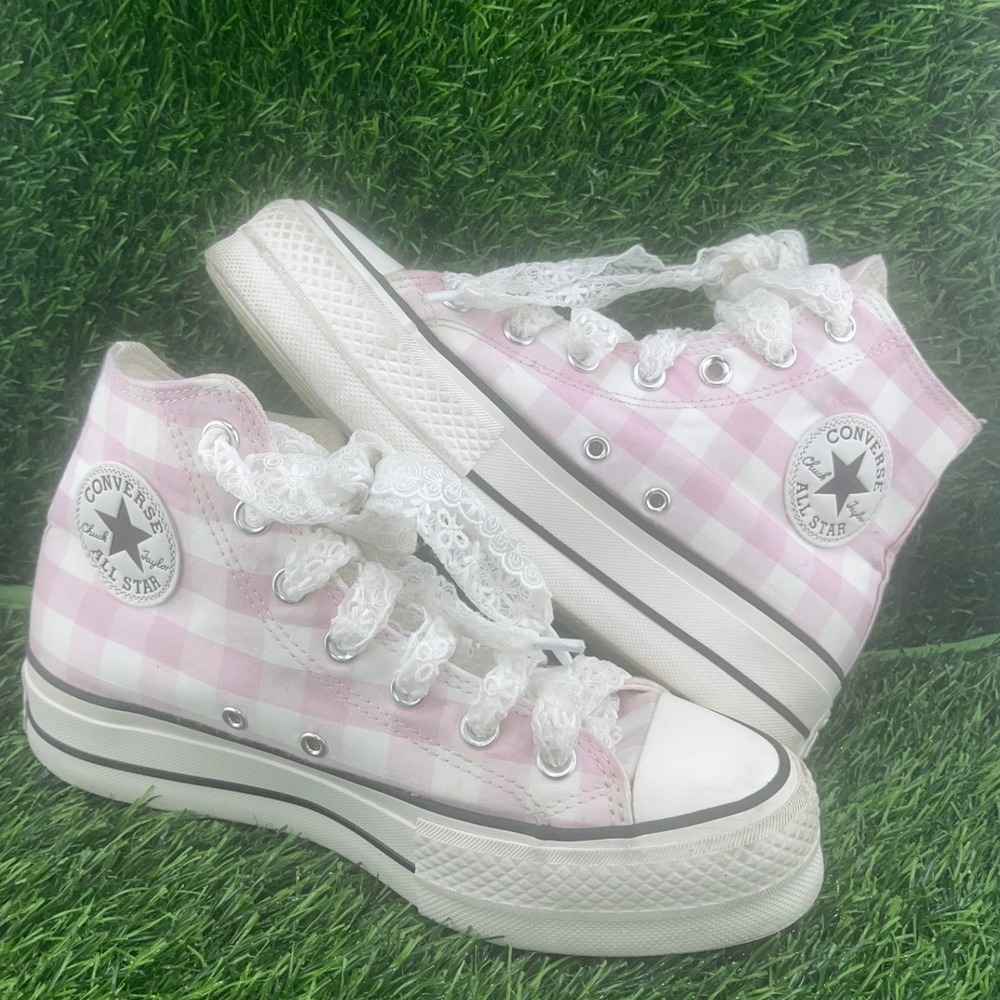 Converse Chuck Taylor All Star Platform Pink Gingham Lace Up High Top Sneakers - Picture 10 of 12